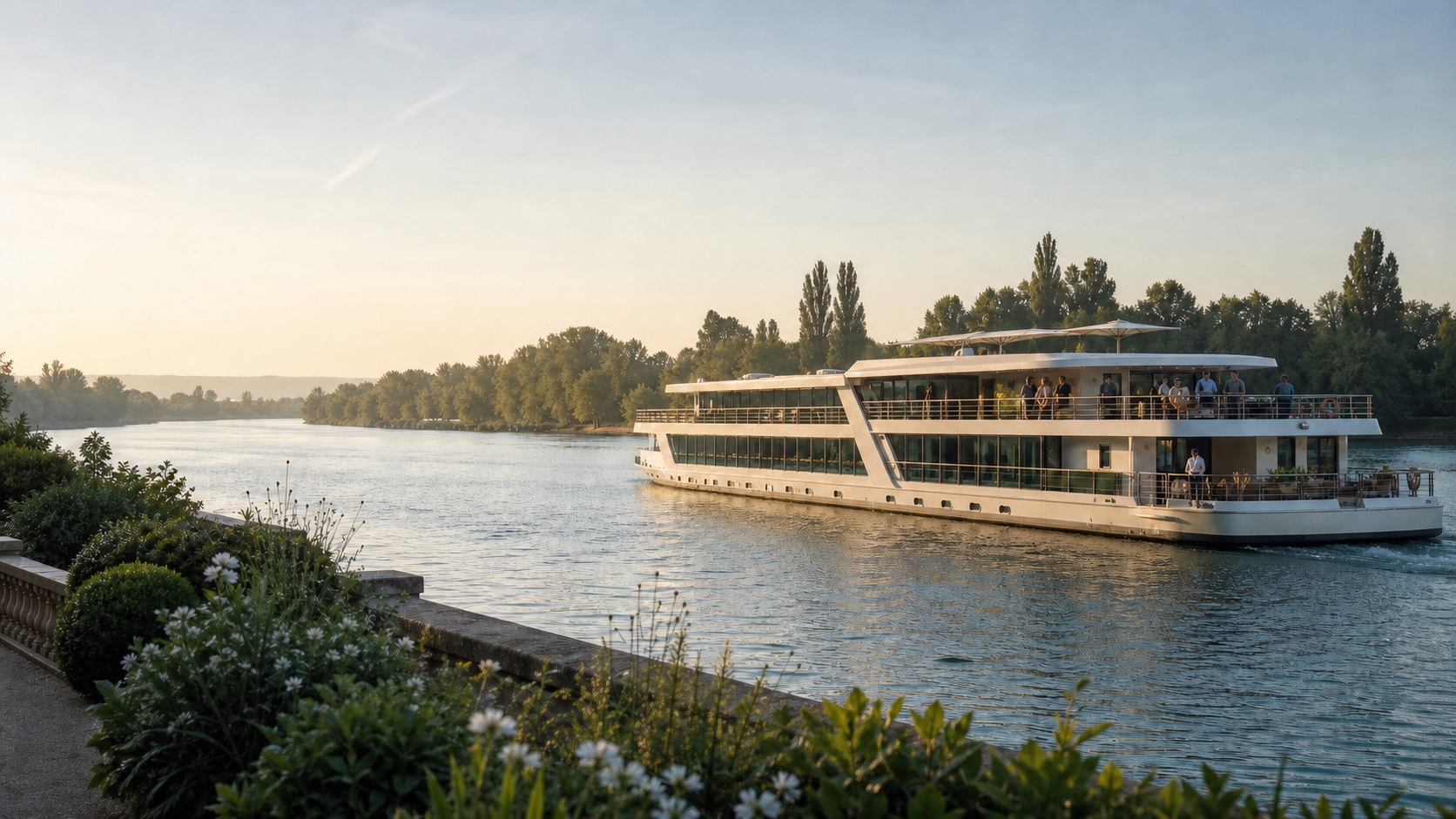 River cruise ship sailing through Europe