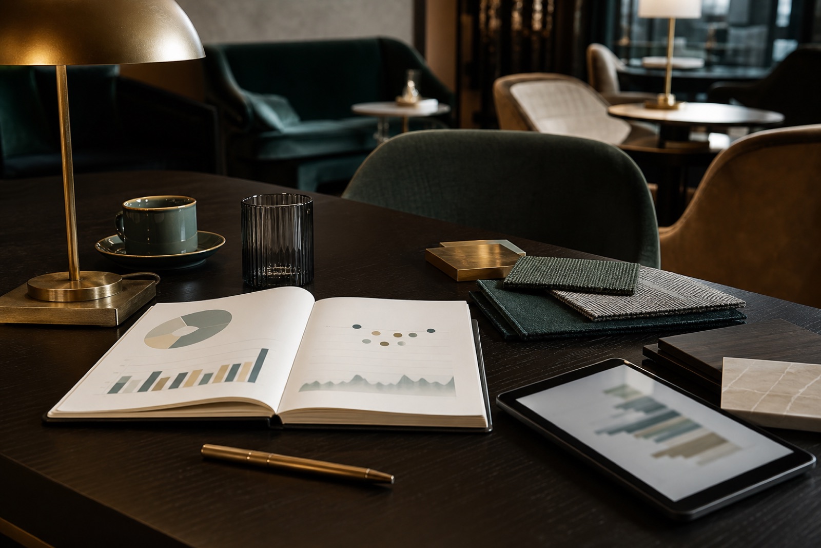 Workspace with charts, tablet and material samples